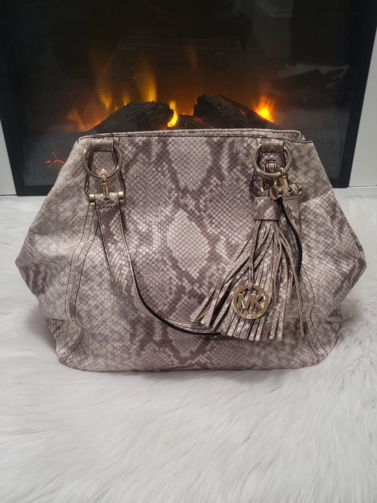 Michael Kors Handbags - Michael Kors Taupe Snake-Embossed Tote with Tassel